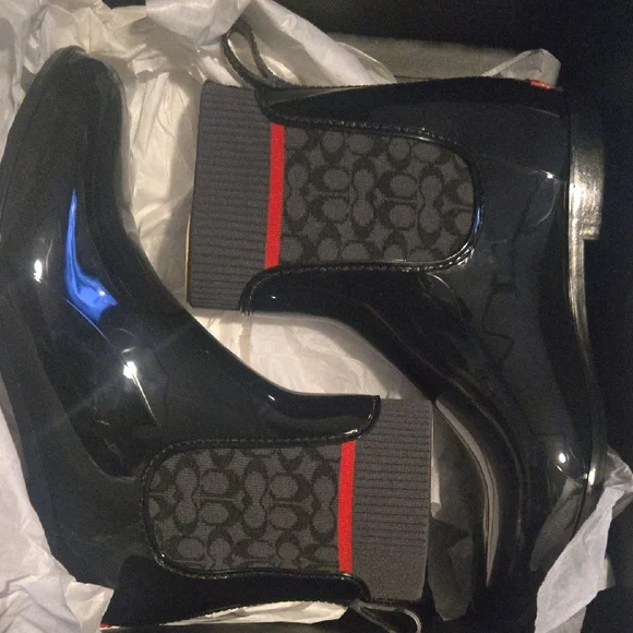 Black and Gray Ankle Rain Boots with Red Accent COACH Size 11 - Picture 3 of 7